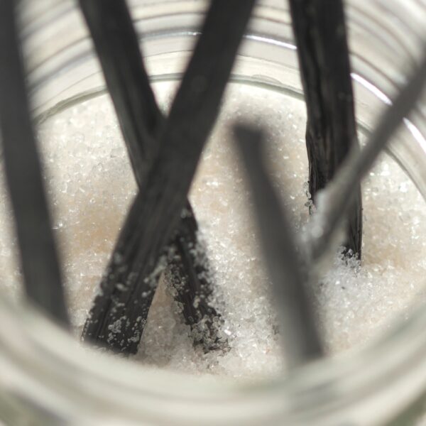 Grade A vanilla beans (pods) styled on a clean white background in warm earth tones