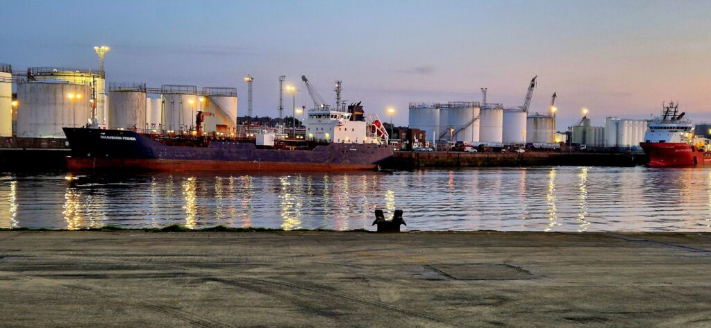 Shipping harbour at dusk.